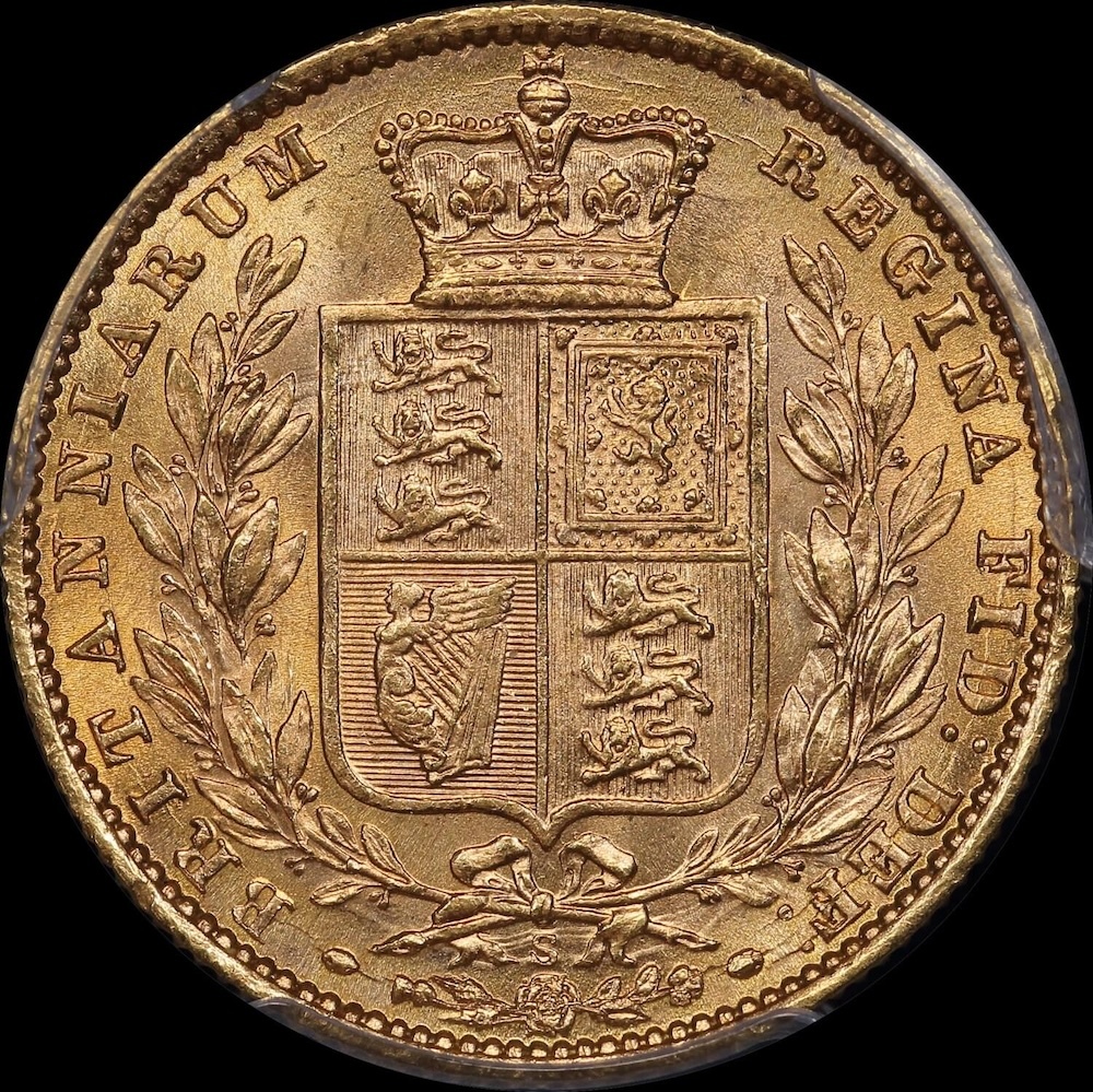 1871 Sydney Shield Sovereign WW Raised Unc (PCGS MS61)