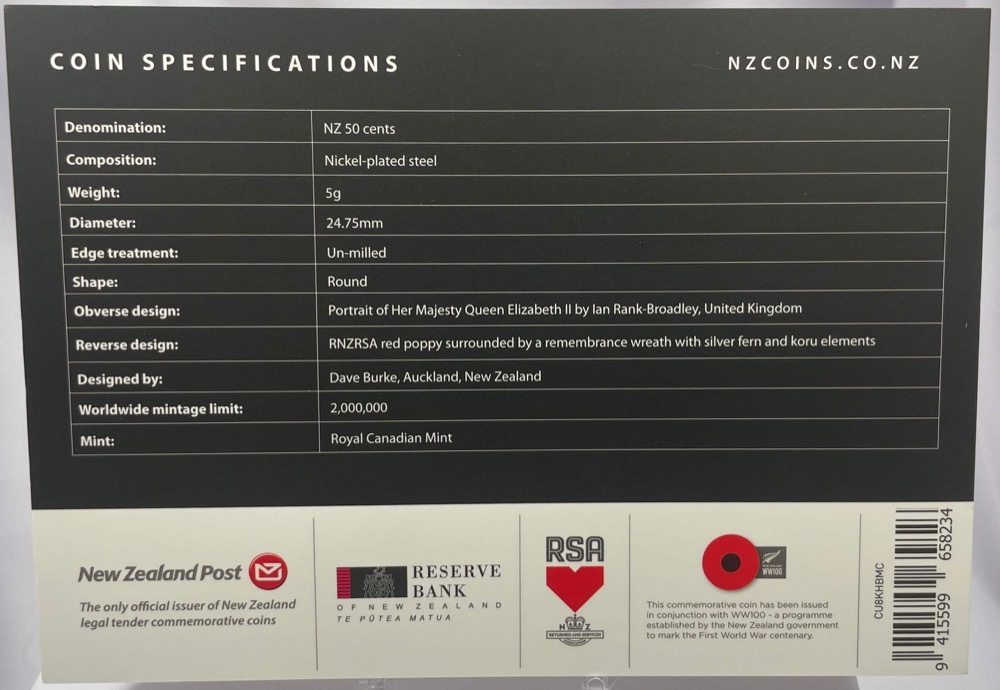 New Zealand 2018 50 Cent Uncirculated Coin Armistice product image
