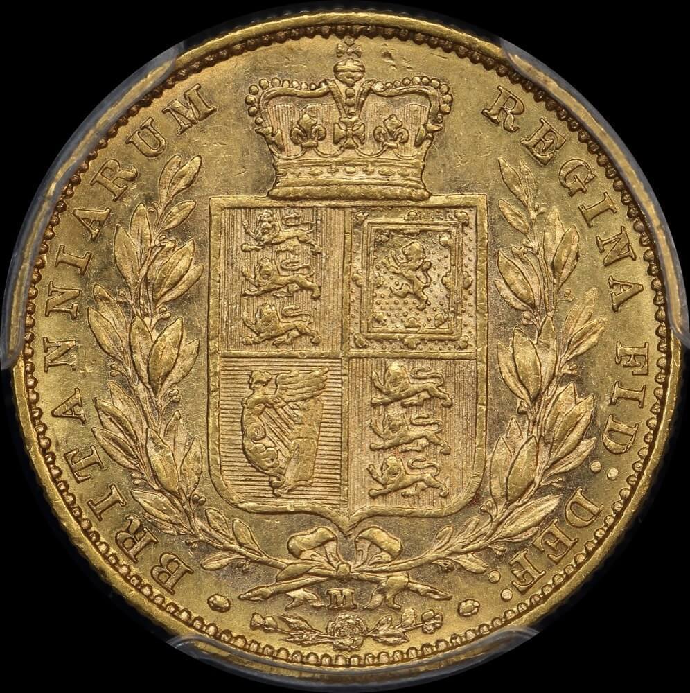 1883 Melbourne Shield Sovereign about Unc (PCGS AU58)