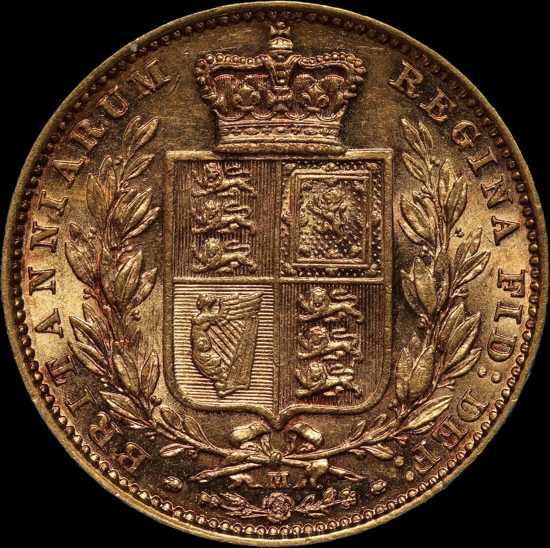 1884 Melbourne Shield Sovereign about Unc