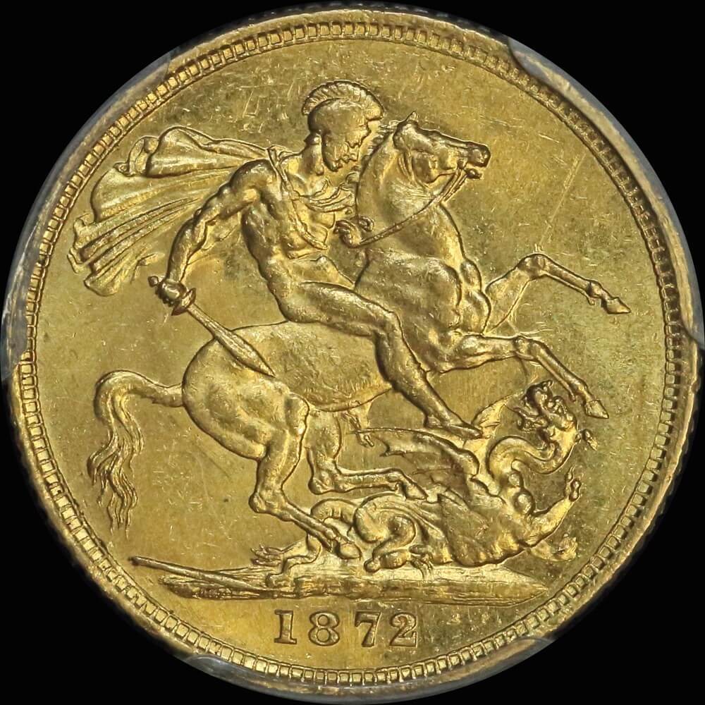 1872 Melbourne Young Head Sovereign PCGS AU58