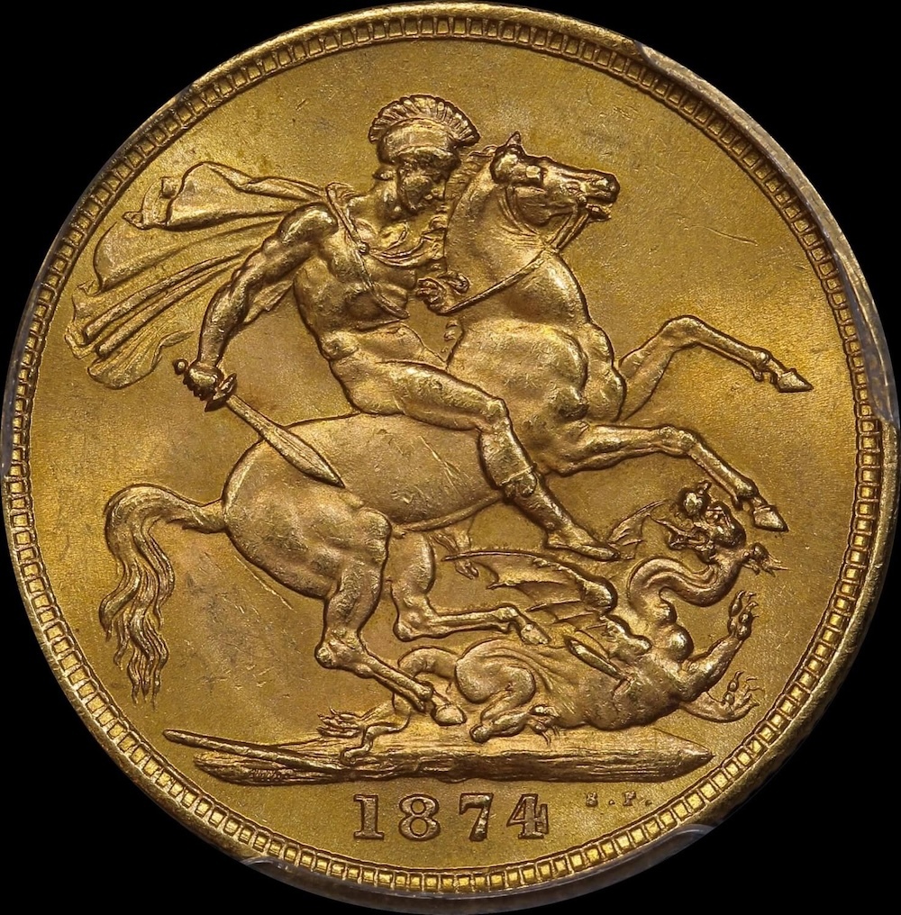 1874 Sydney Young Head Sovereign Unc (PCGS MS62)
