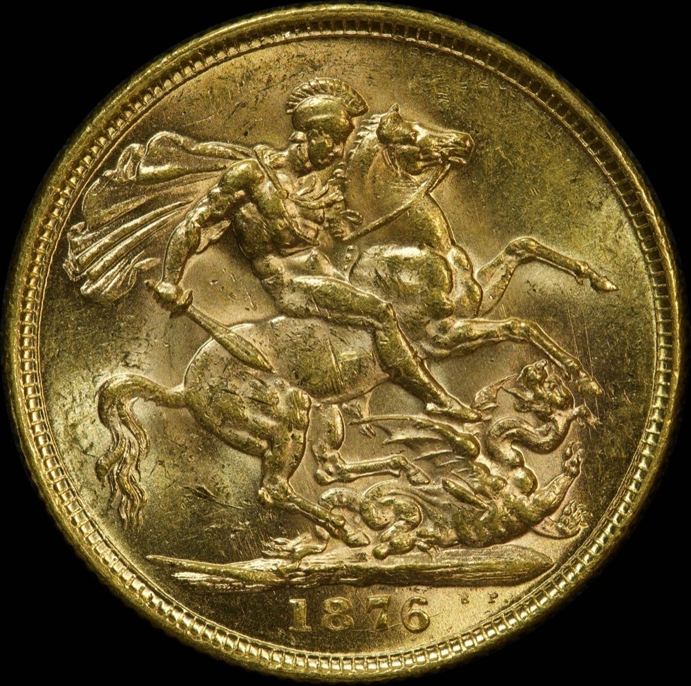 1876 Melbourne Young Head Sovereign about Unc
