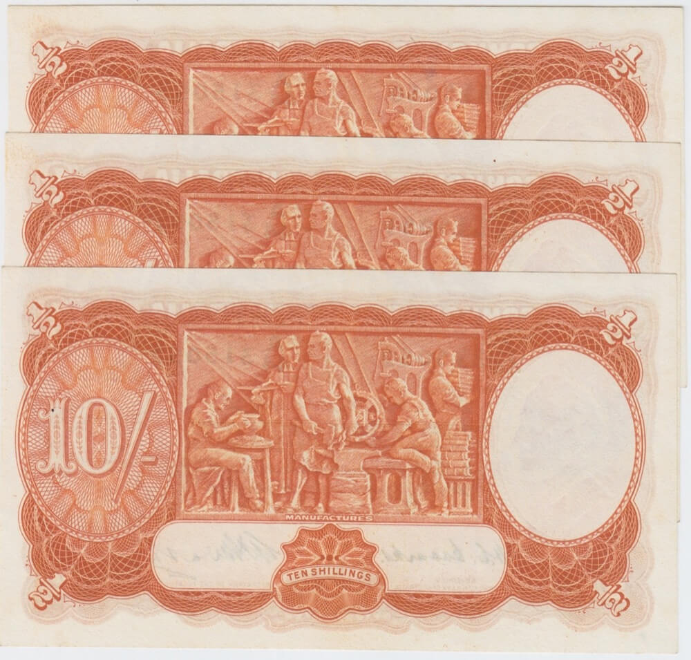 1949 Ten Shilling Consecutive Trio Coombs/Watt R14 Uncirculated