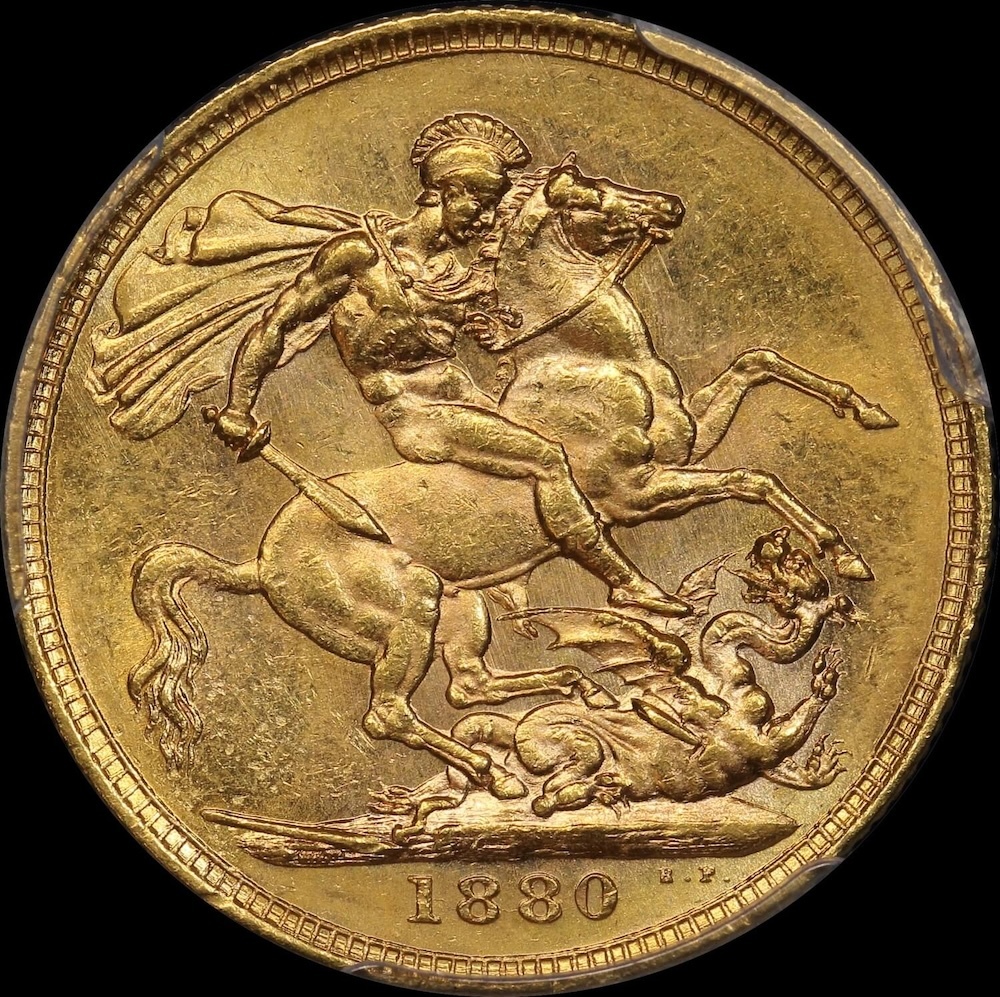 1880 Sydney Young Head Sovereign Unc (PCGS MS61)