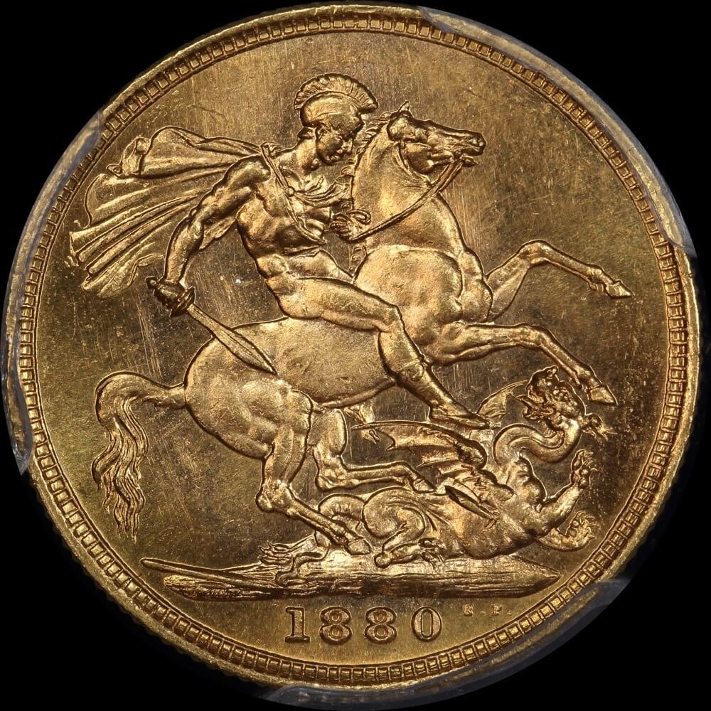1880 Melbourne Young Head Sovereign Choice Unc (PCGS MS63)