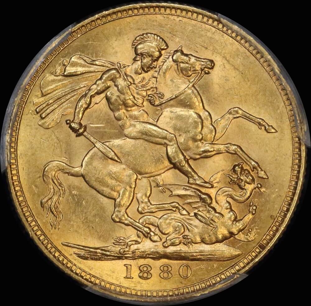 1880 Melbourne Young Head Sovereign Unc (PCGS MS62)