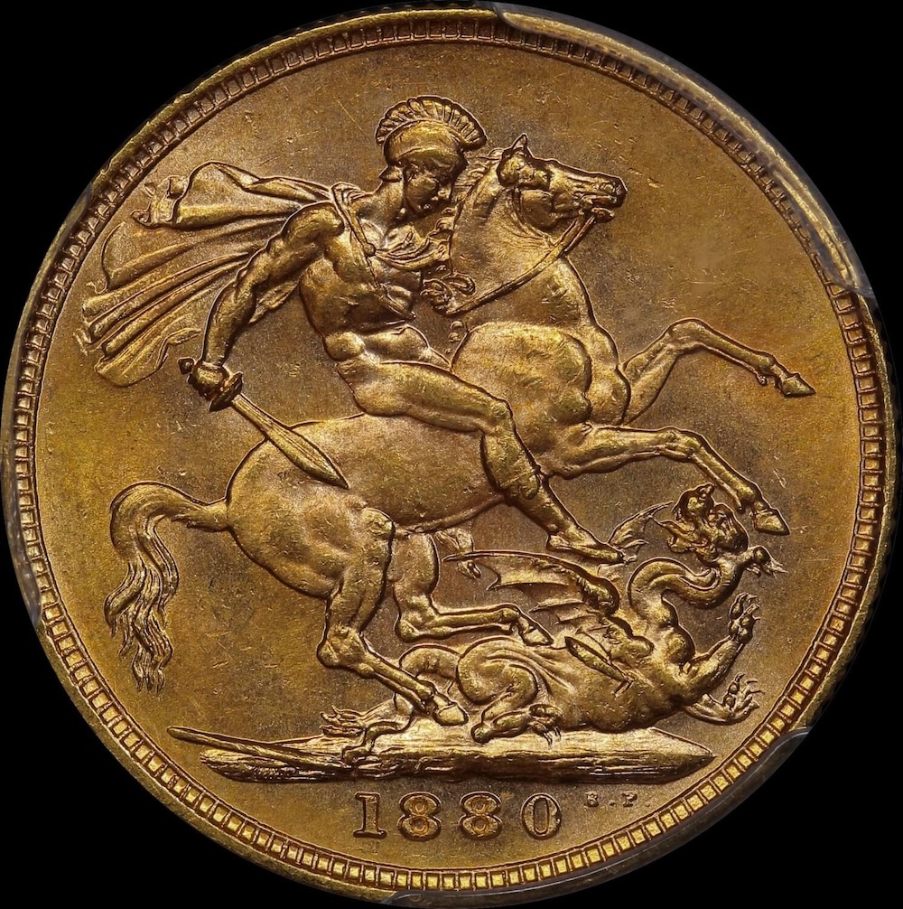 1880 Melbourne Young Head Sovereign Unc (PCGS MS62)
