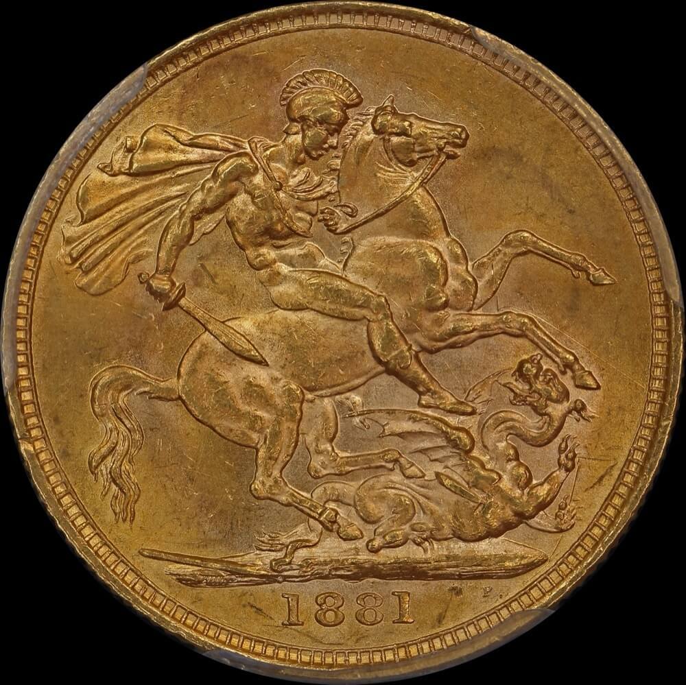 1881 Melbourne Young Head Sovereign Long Tail Small BP Unc (PCGS MS62)