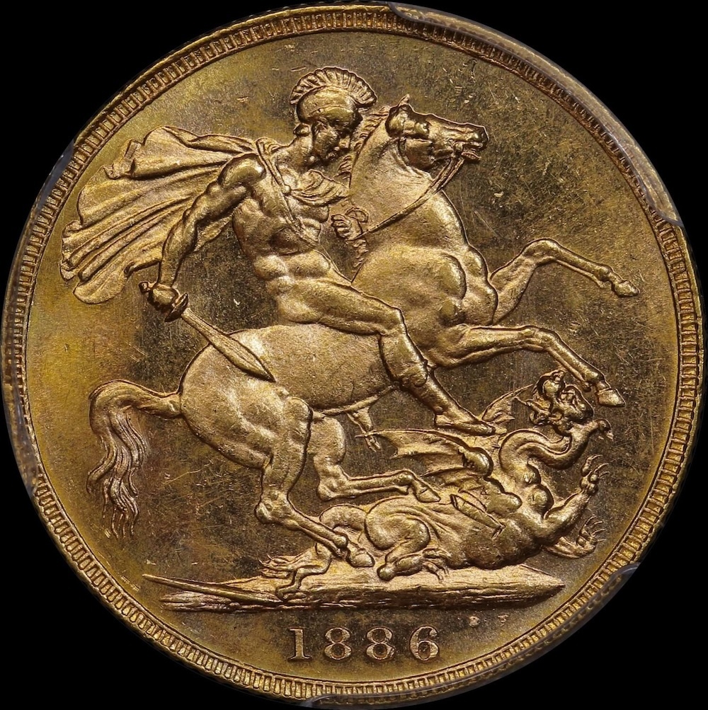 1886 Melbourne Young Head Sovereign Choice Unc (PCGS MS64)