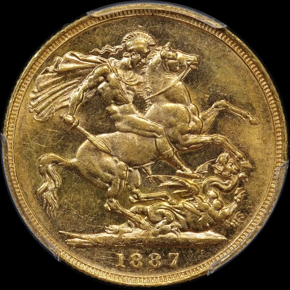 1887 Melbourne Jubilee Head Sovereign DISH M7 1st Obv Angled J PCGS AU58