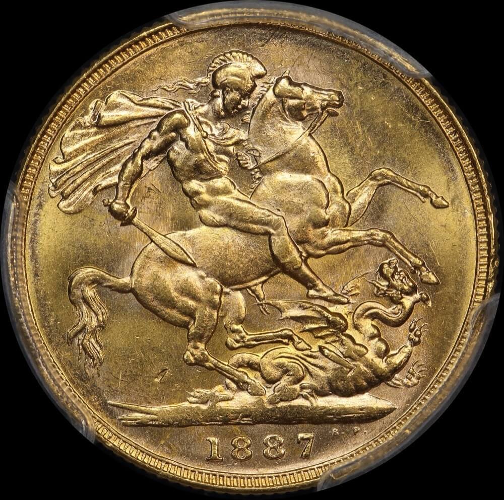 1887 Melbourne Jubilee Head Sovereign Dish M7 Unc (PCGS MS62)