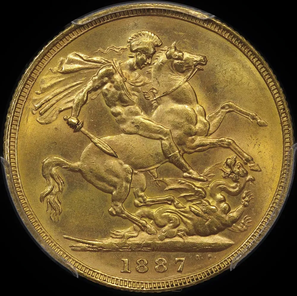 1887 Melbourne Jubilee Head Sovereign Dish M7 Unc (PCGS MS62)