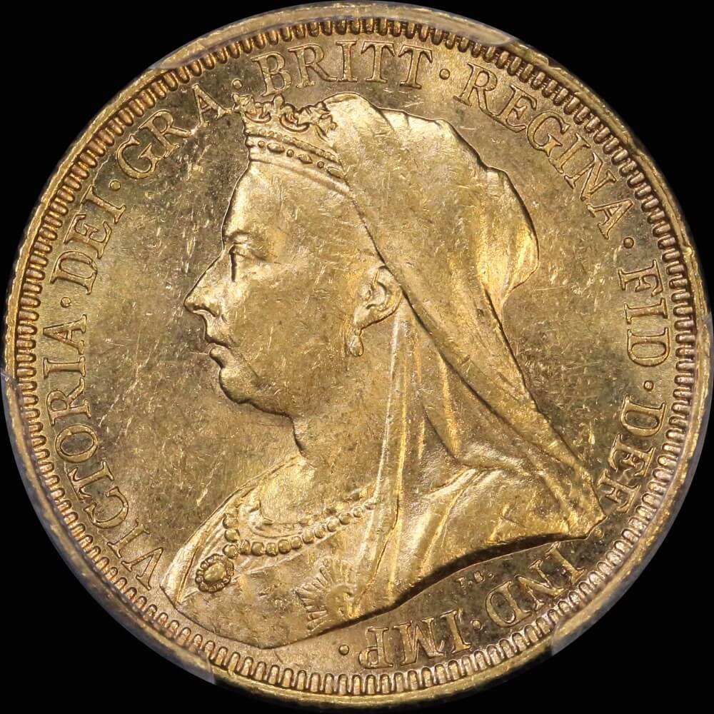1893 Sydney Veiled Head Sovereign Unc (PCGS MS62)