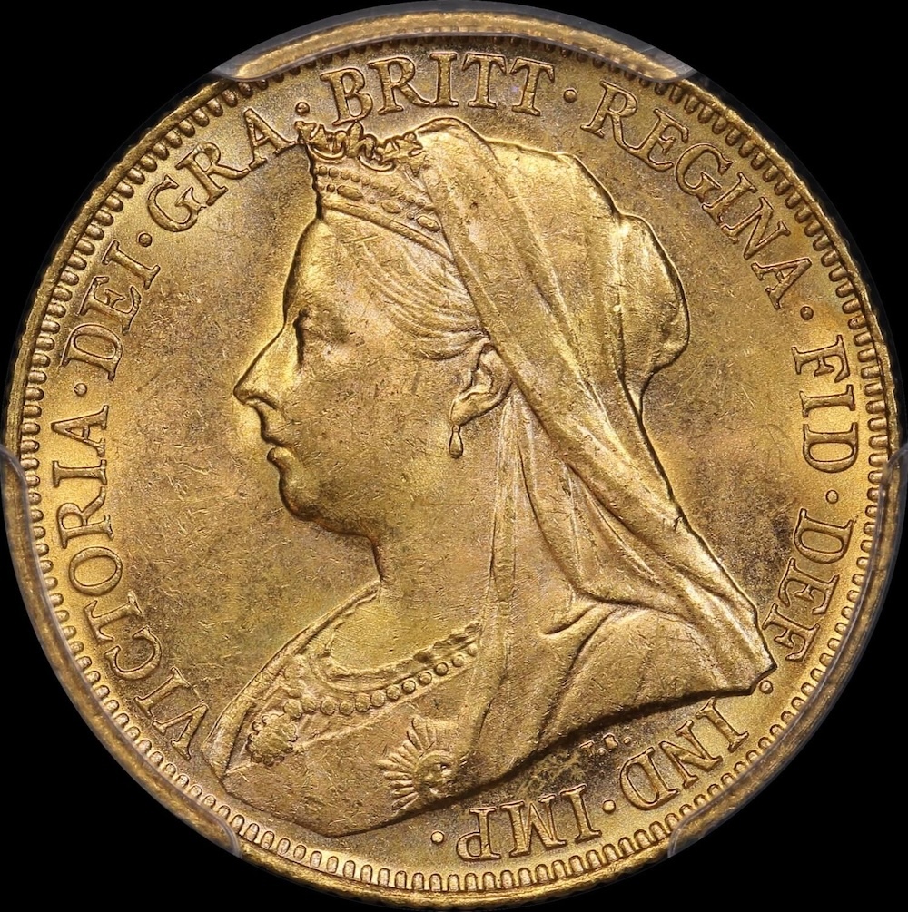 1900 Melbourne Veiled Head Sovereign Unc (PCGS MS61)
