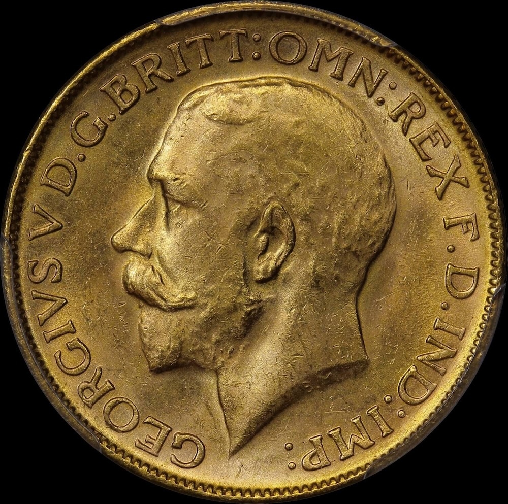 1914 Melbourne George V Large Head Sovereign Choice Unc (PCGS MS63)