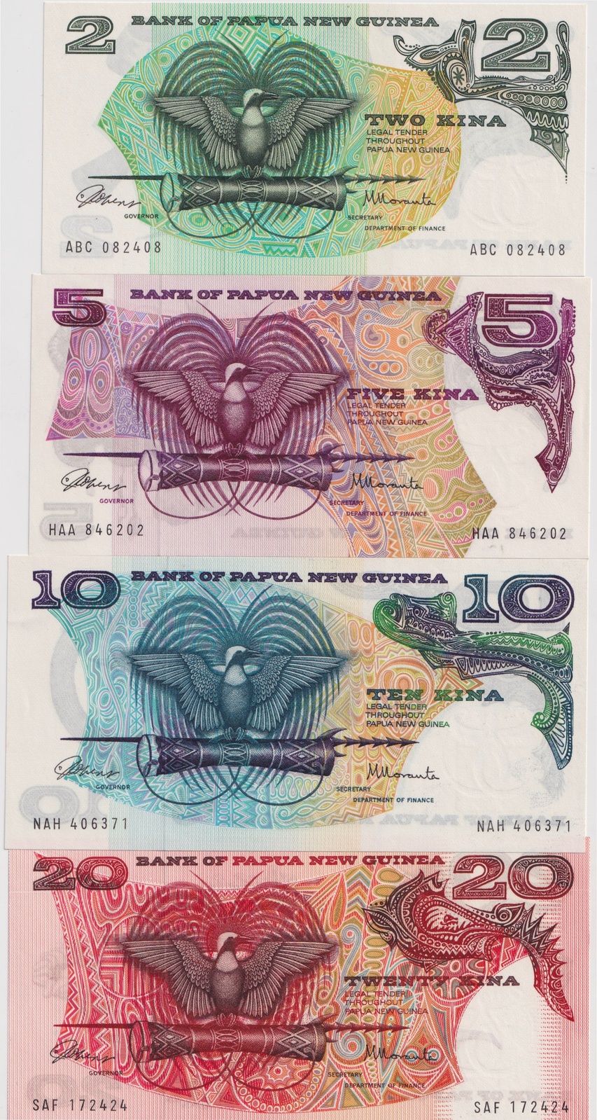 Papua New Guinea 1975-77 4 Note Set (2-20 Kina) Uncirculated product image