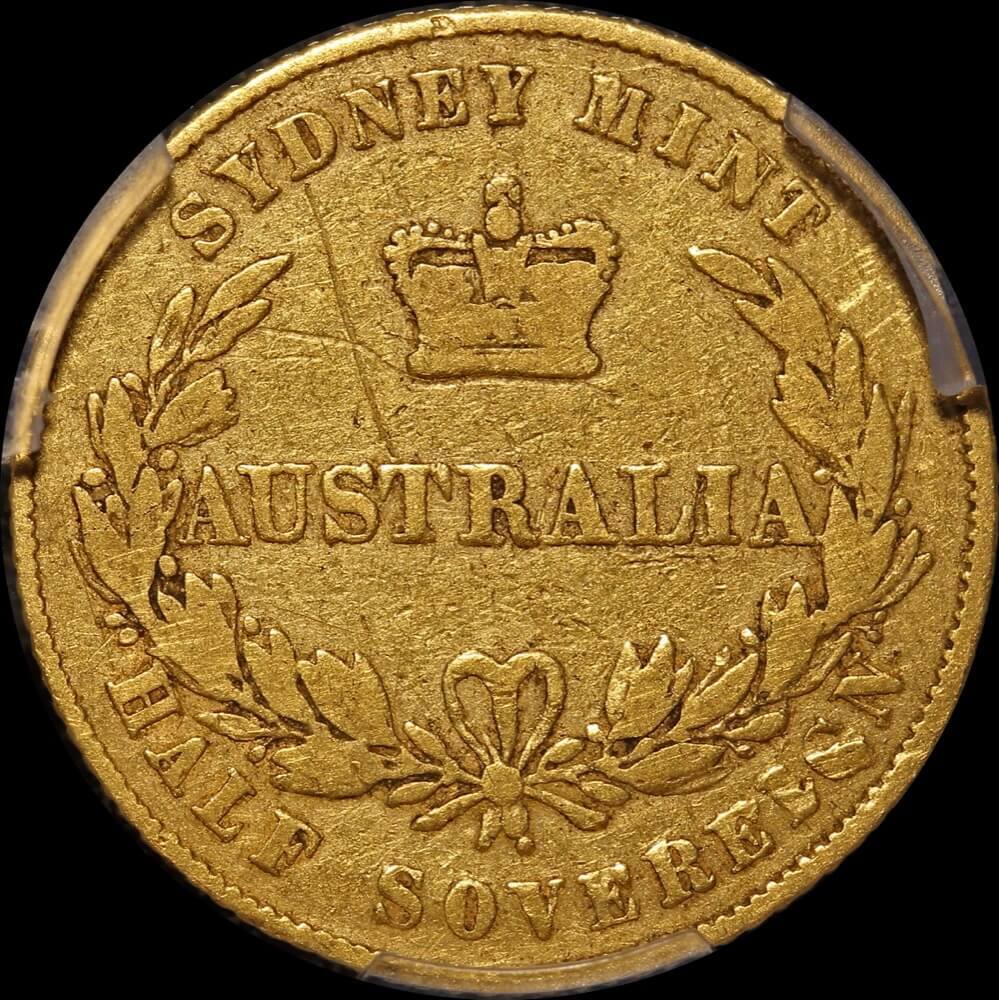 1856/5 Overdate Sydney Mint Type I Half Sovereign PCGS Genuine F Details