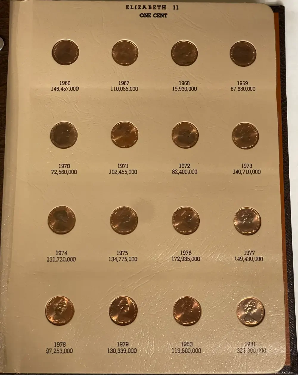Complete Date Set of Australian 1 cent and 2 Cent Coins 1966 to 1991 Uncirculated in Dansco Supreme Album product image