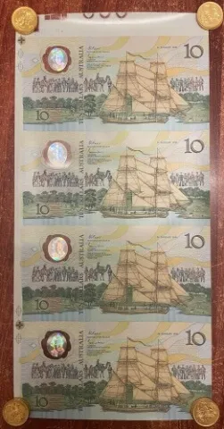 1988 Ten Dollars Uncut Strip of Four Bicentennial
