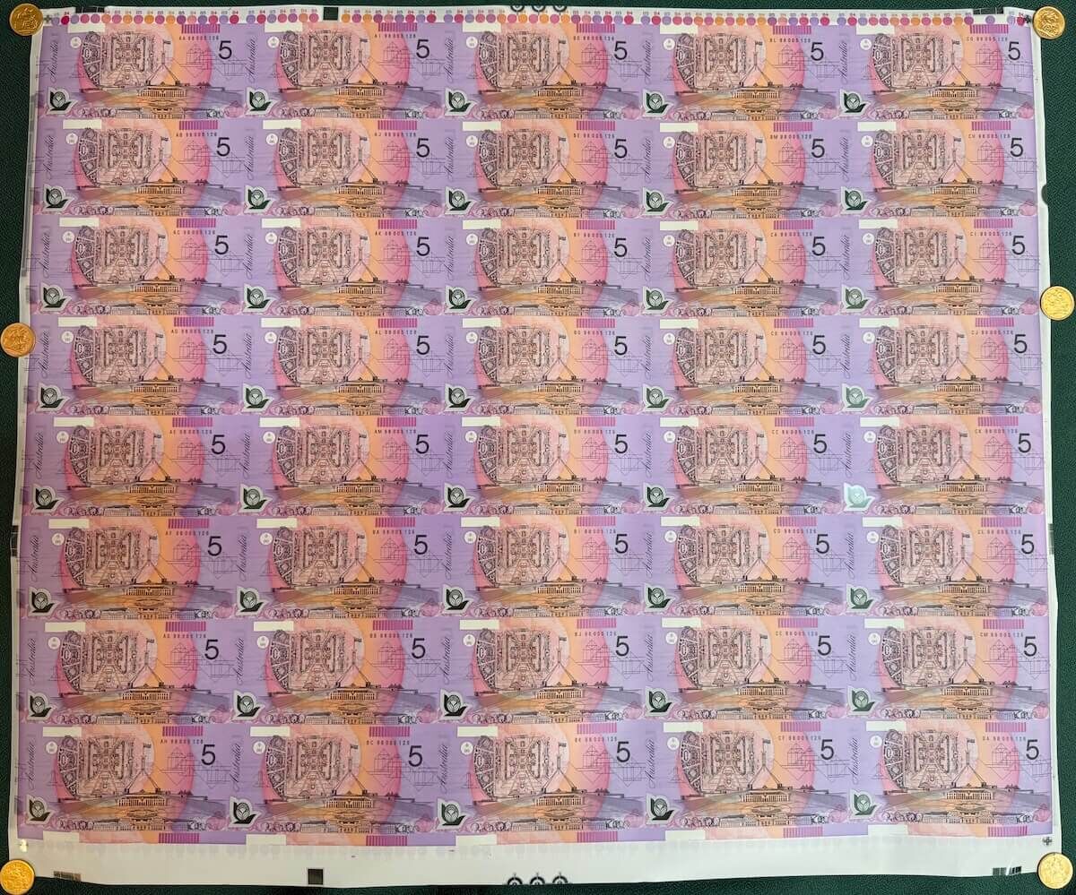 1998 5 Dollar Uncut Sheet of 40 Notes McFarlane Evans