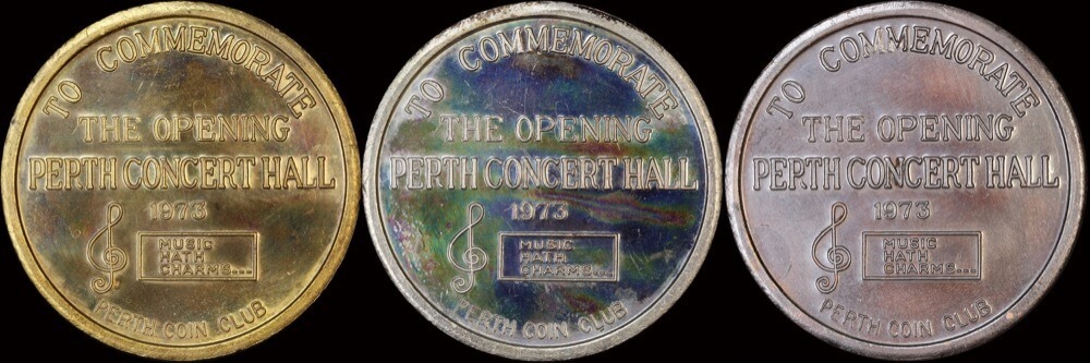 1973 Trio of Medallions for Perth Concert Hall Opening (Gilt, Silvered and Bronze)
