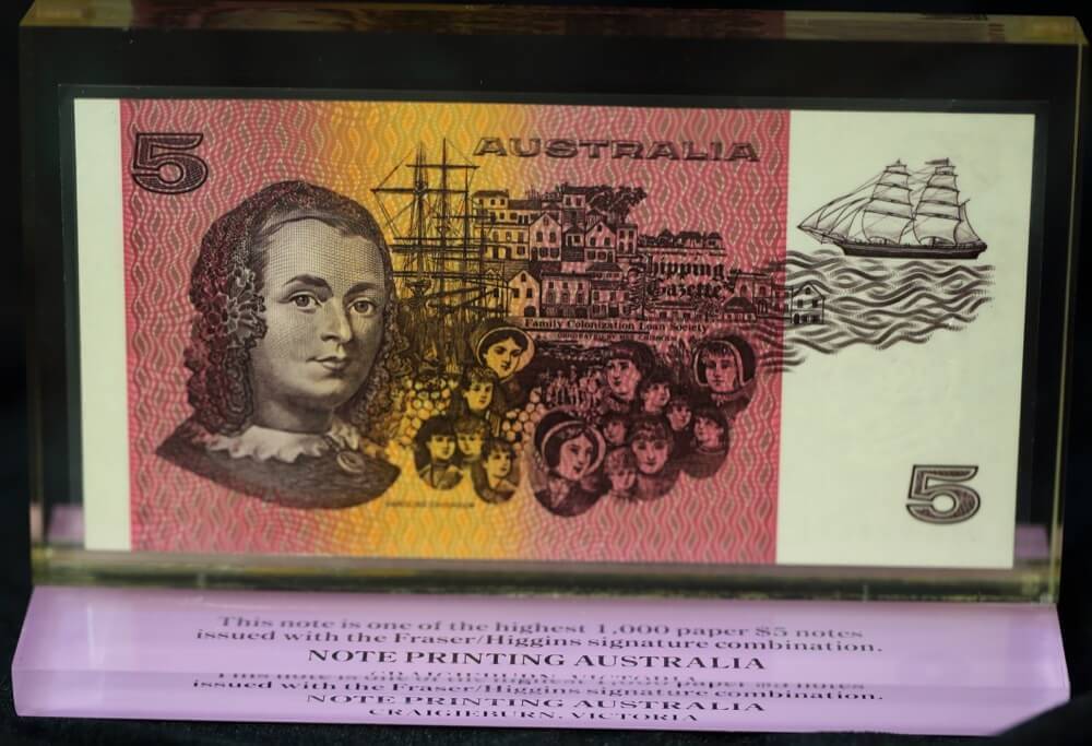 1991 $5 Note in Official Perspex Frame from NPA Fraser / Higgins R#212 Uncirculated QJR 999653