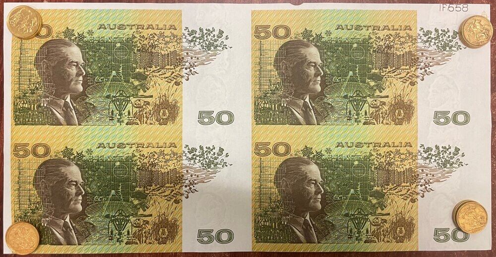 1990 50 Dollar Uncut Block of Four Notes Phillips Fraser