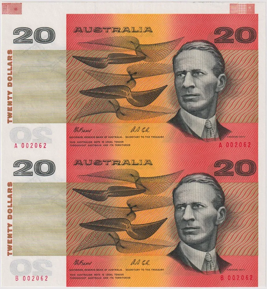 1993 20 Dollar Uncut Vertical Pair Red Serials