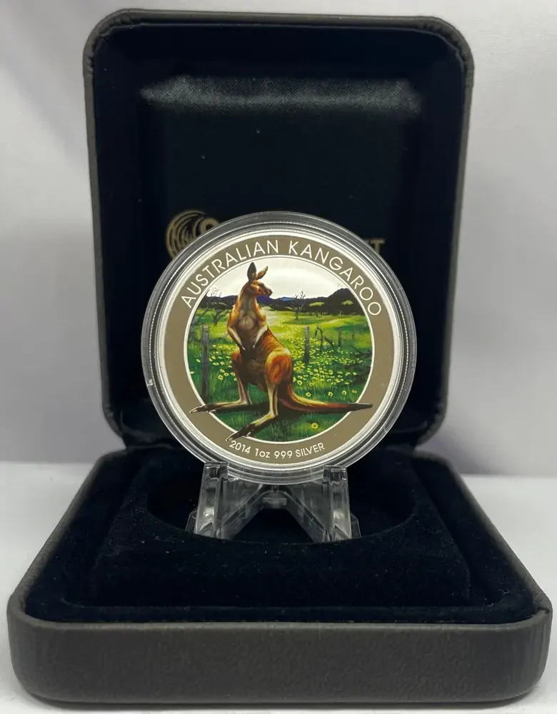 2014 Silver 1 Ounce Coloured Proof Red Kangaroo World Money Fair