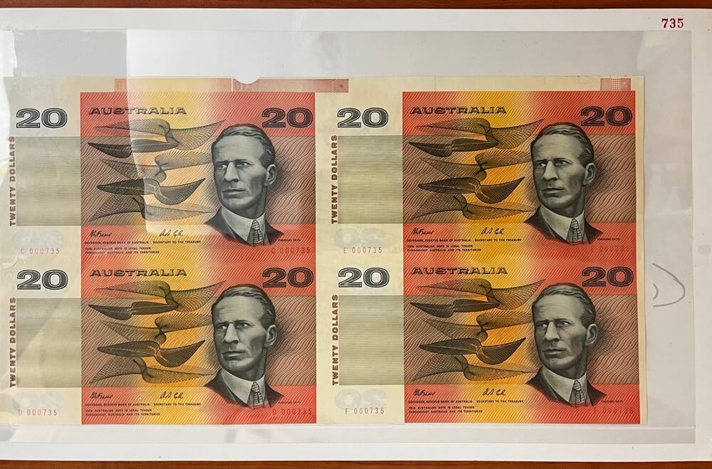 1993 Twenty Dollar Uncut Block of Four Notes - Red Serials