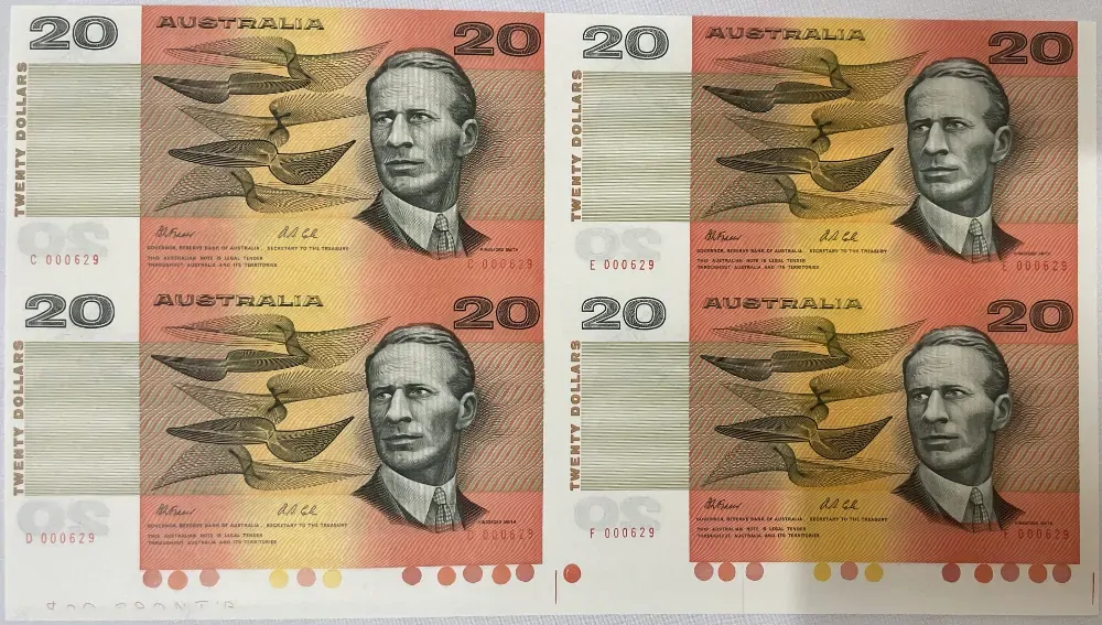 1993 20 Dollar Uncut Block of Four Notes Red Serials