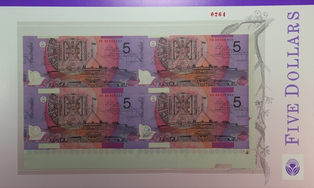 1996 Uncut Block of Four Five Dollar Notes Premium Red Serials