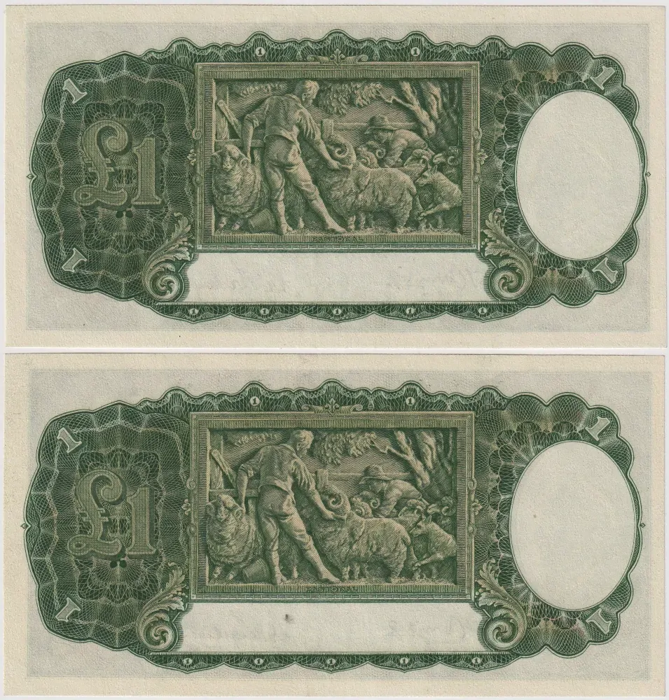 1942 One Pound Consecutive Pair Armitage/McFarlane R30A good EF