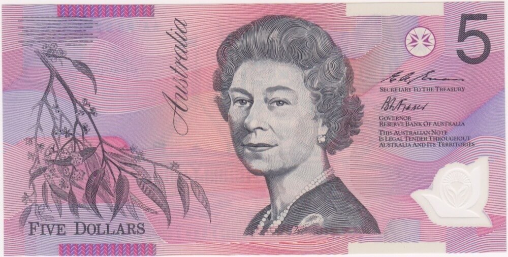 1995 $5 Note AA95 Recoloured First Prefix Fraser/Evans R217AA Uncirculated