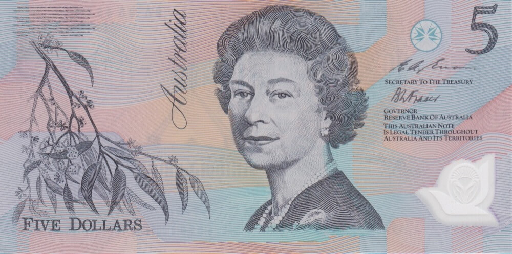 1993 $5 Note BA93 First prefix Dark Green Serials Fraser/Evans R216F Uncirculated