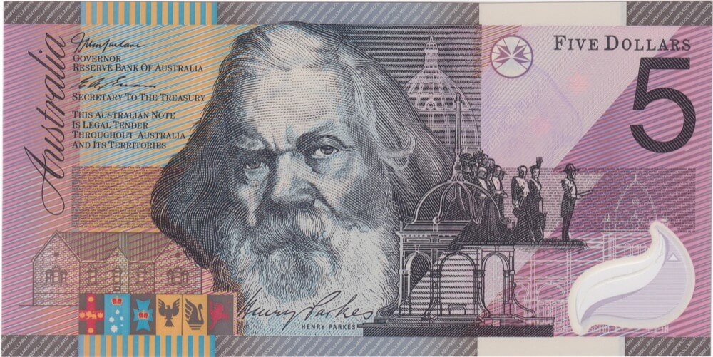 2001 $5 Note Centenary of Federation AA01 First Prefix MacFarlane/Evans R219F Uncirculated