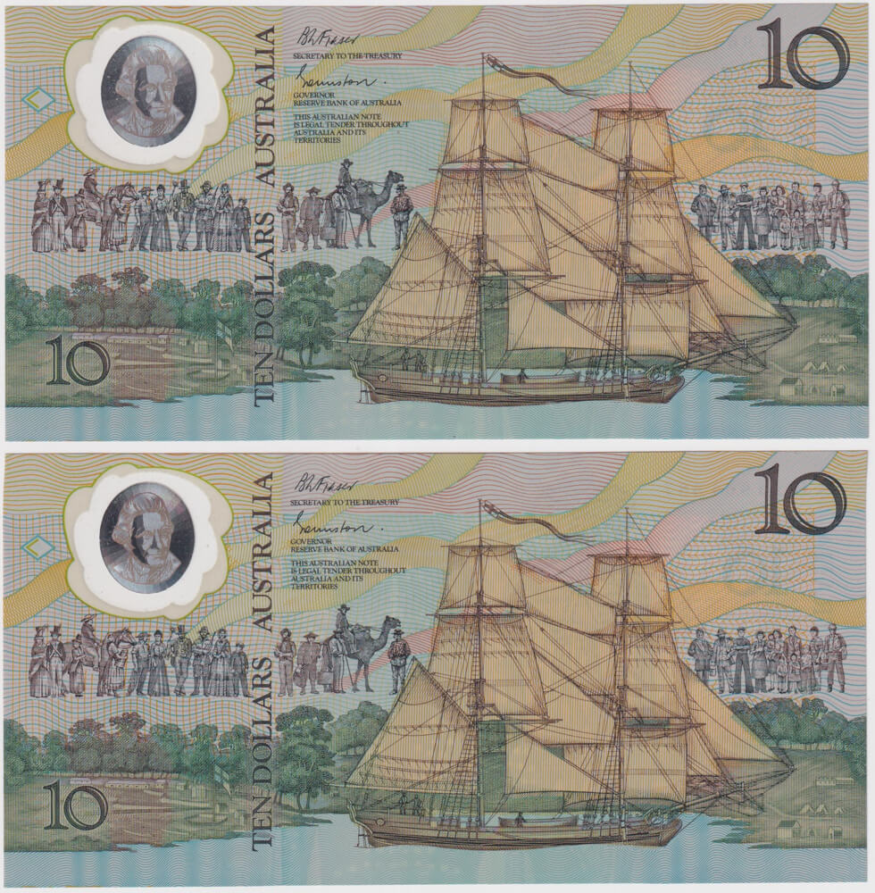 1988 $10 Note Pair Registration Shift Error Johnston/Fraser R310a Uncirculated