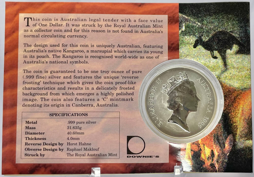 1995 One Dollar Silver Kangaroo Unc Coin Facing Kangaroo