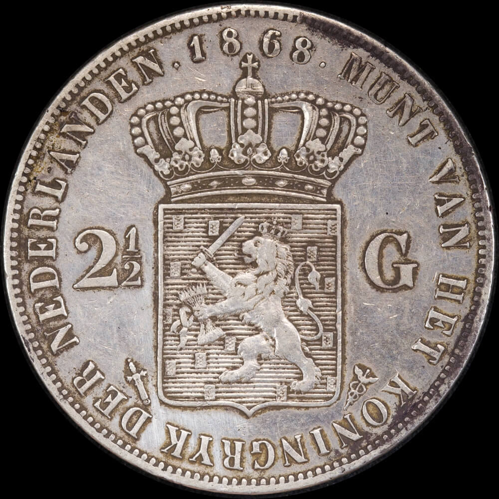 Netherlands 1868 Silver 2 1/2 Guilder KM# 82 Very Fine product image