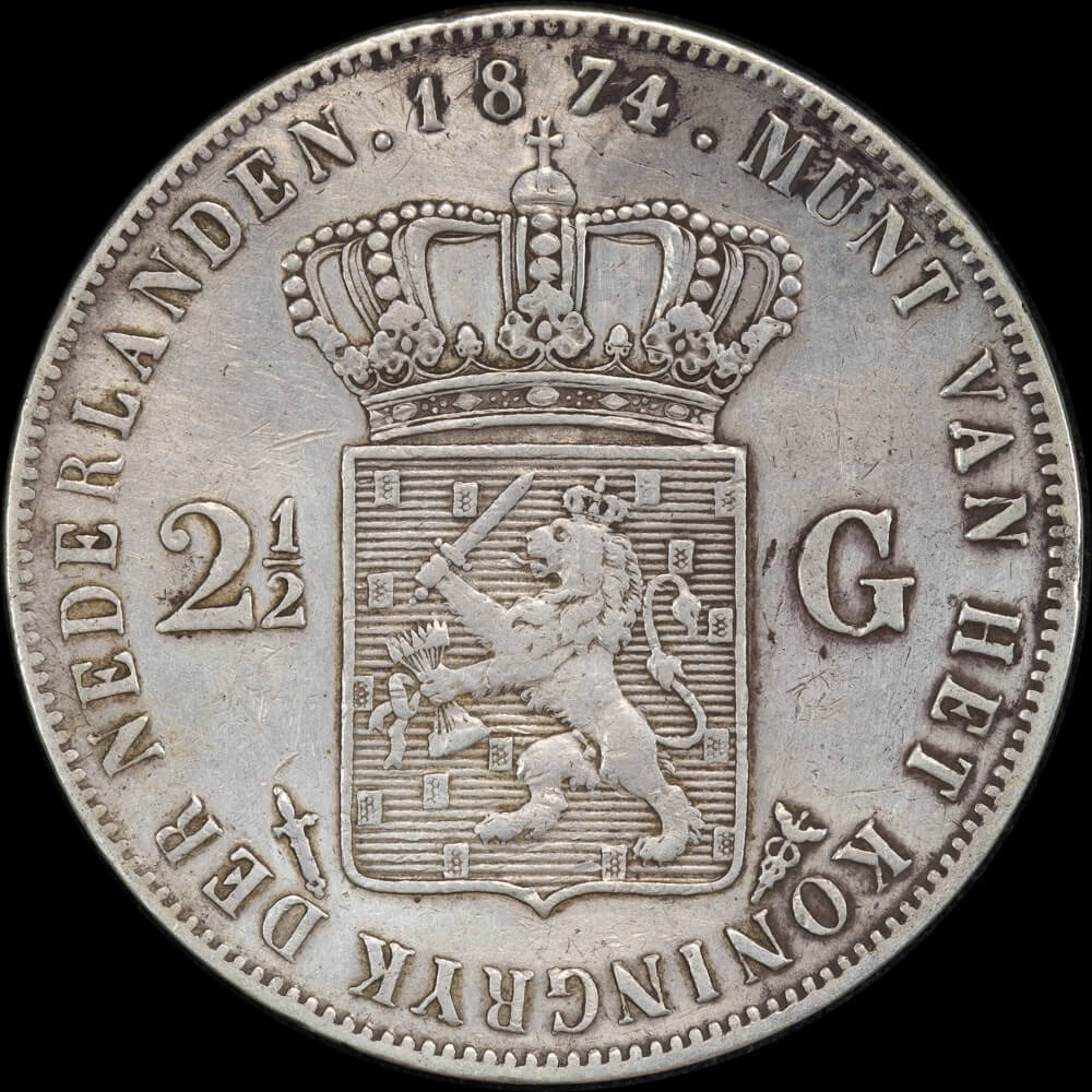 Netherlands 1874 Silver 2 1/2 Guilder KM# 82 Very Fine product image