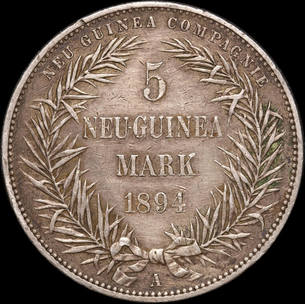 German New Guinea 1894 Silver 5 Marks KM# 7 good VF product image
