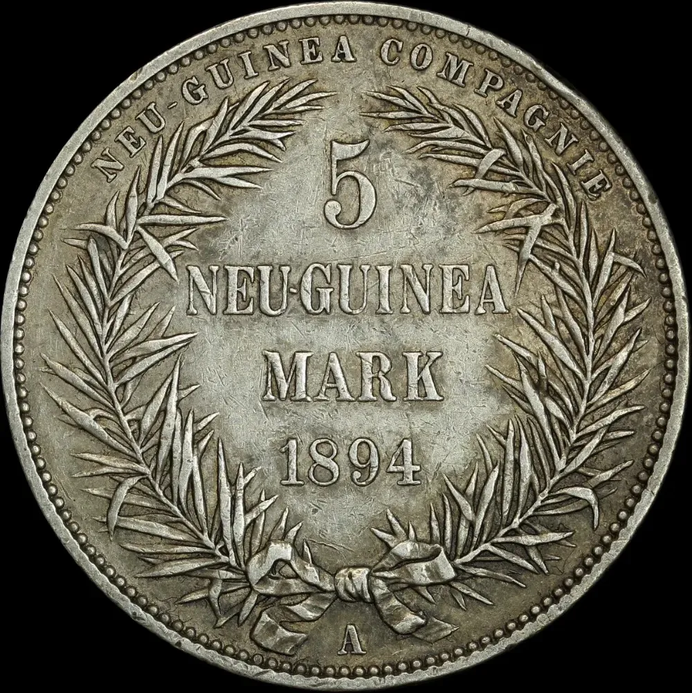 German New Guinea 1894 Silver 5 Marks KM# 7 good VF