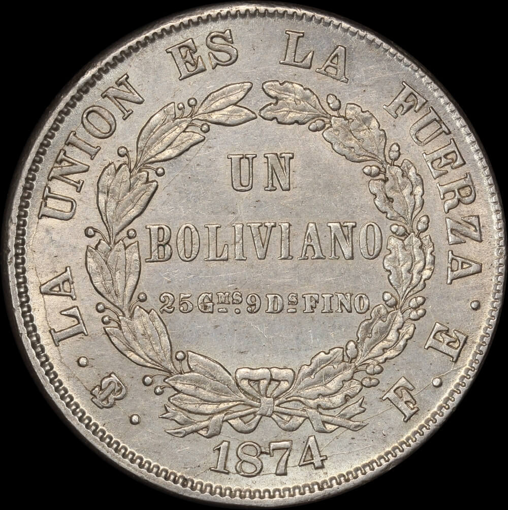 Bolivia 1874 Silver Boliviano KM# 160.1 good EF product image