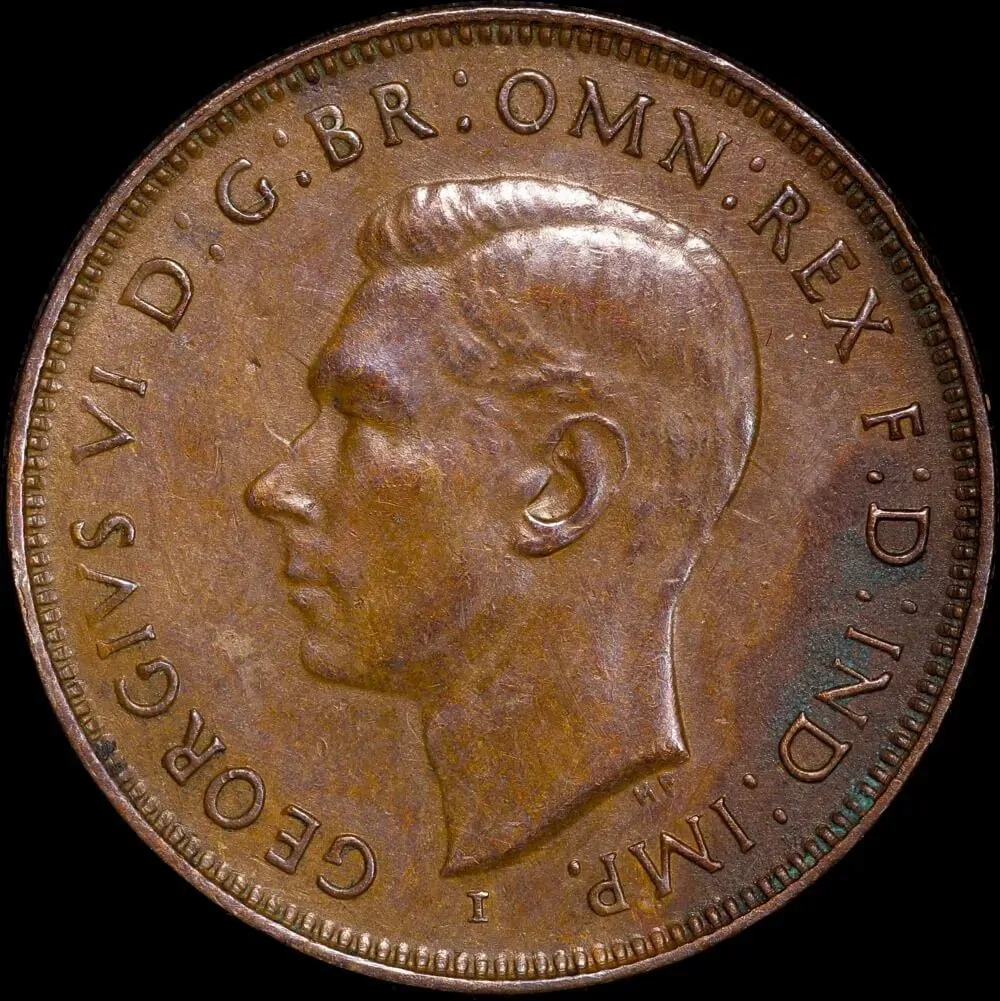 1942-I or 1943-I Halfpenny Obverse Brockage good VF