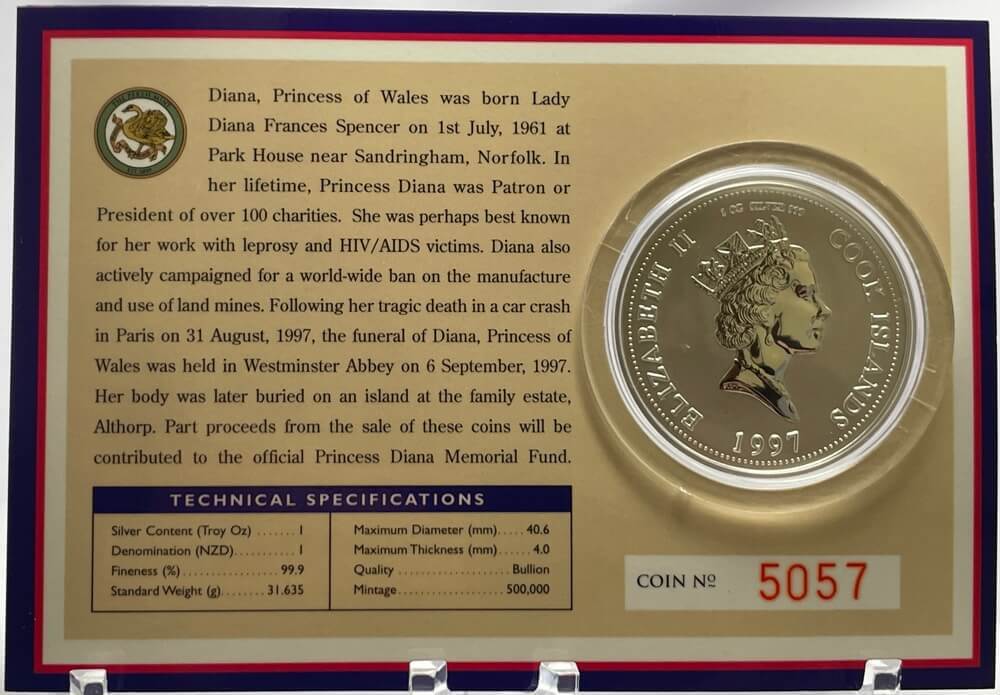 Cook Islands 1997 Silver 1 Dollar Uncirculated Coin Diana Princess of Wales product image