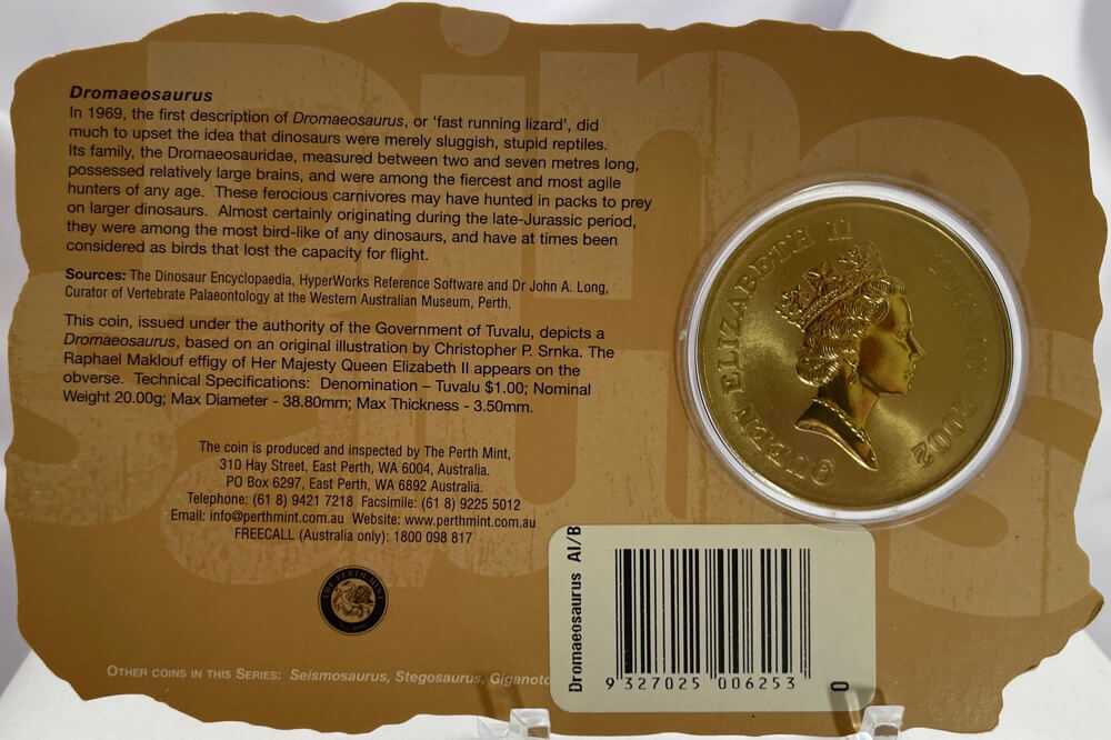 Tuvalu 2002 1 Dollar Uncirculated Coin Dinosaurs Dromaeosaurus product image