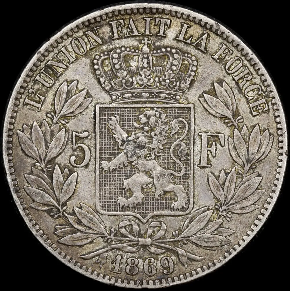 Belgium 1869 Silver 5 Francs KM# 24 good VF product image