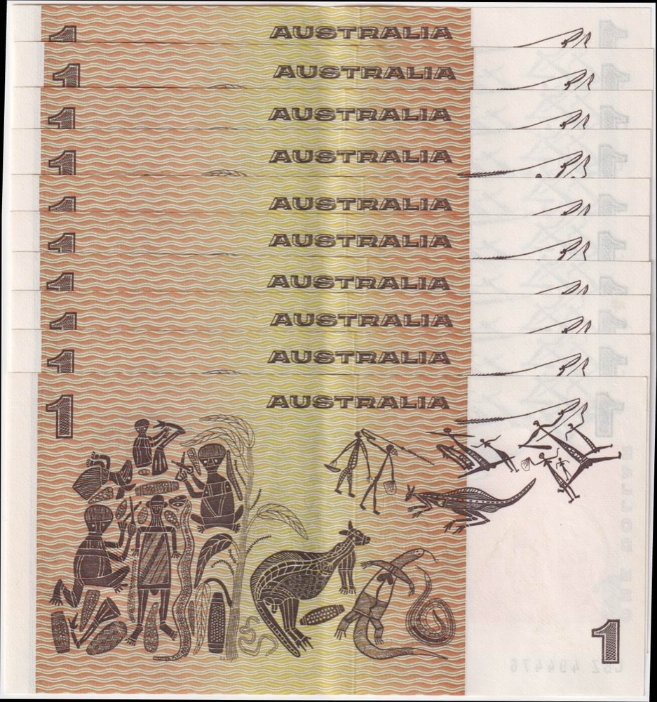 1976 $1 Note Consecutive Run of 10 Gothic Centre Knight/Wheeler R76A about Uncirculated