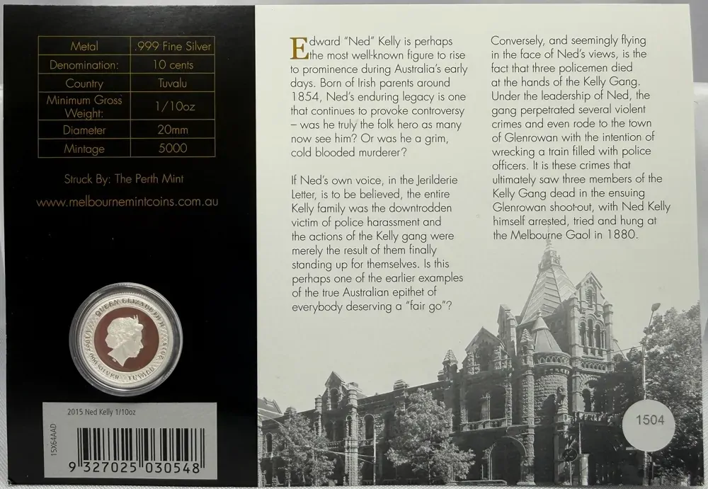 Tuvalu 2015 Silver 10 Cent Proof Coin Ned Kelly product image